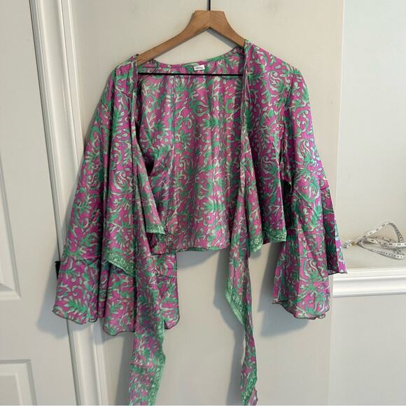 Pure Silk Handmade Green and Purple Top and Pants Set Medium - Picture 10 of 13